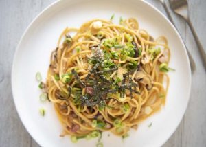 Top-down photo of Wafū Mushroom Pasta.