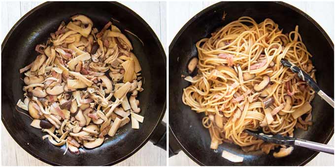 Sauteed bacon and mushrooms and mushroom pasta in a frying pan.