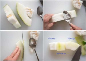 Showing how to cut winter melon into cubes.