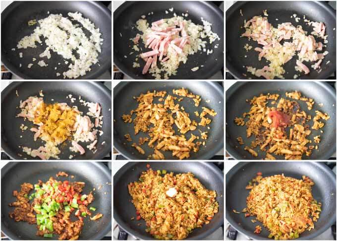 Step-by-step photo of making Curry Fried Rice.