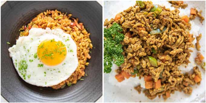 Showing two types of Dry Curry - Japanese Curry Fried Rice and Dry Curry. with ground meat.