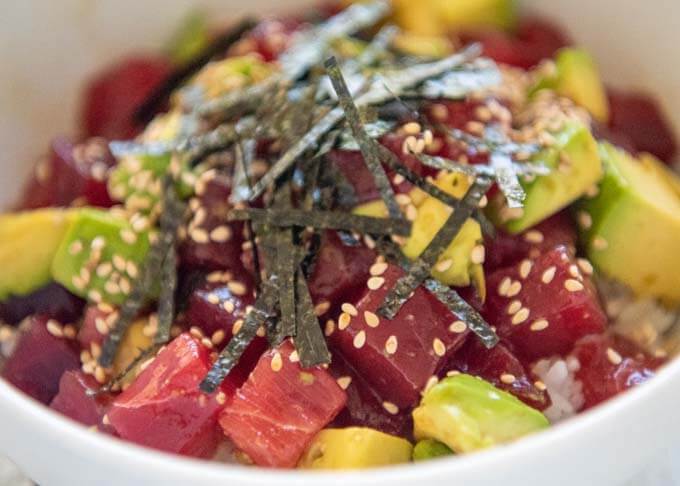 Zoomed-in photo of Tuna and Avocado Rice Bowl (Donburi).