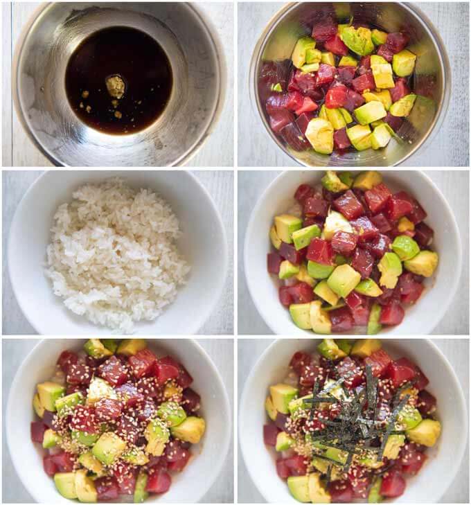 Step-by-step photo of making Tuna and Avocado Rice Bowl (Donburi).
