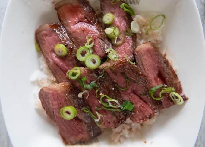 Top-down photo of Wagyū Steak Don.