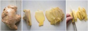 Showing how to make finely julienned ginger.