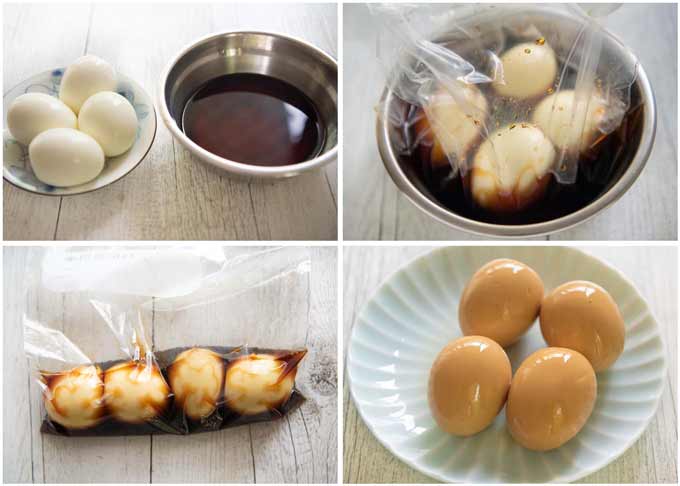 Step-by-step photo of marinating soft-boiled eggs.