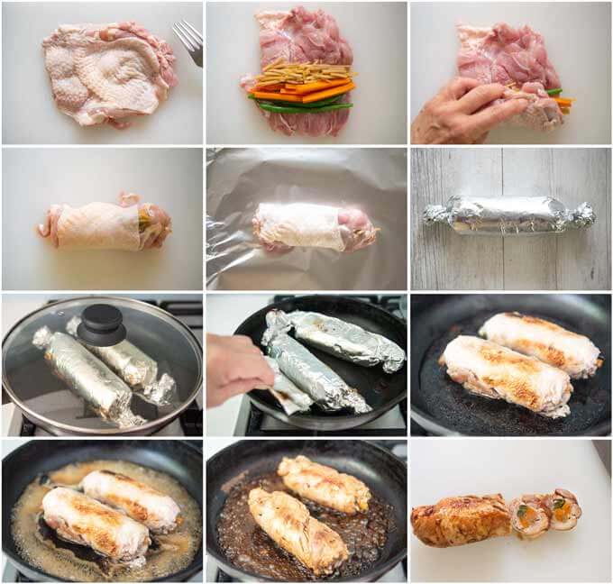 Ste-by-step photo of making Rolled Chicken Stuffed with Vegetables.