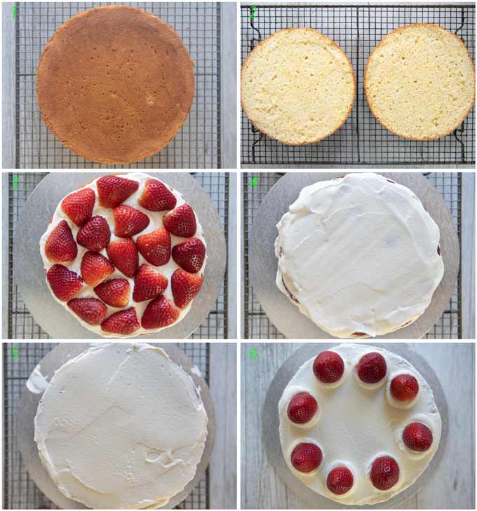 Step-by-step photo of decoration a sponge cake with cream and strawberries.