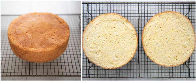 Sponge cake before and after halving horizontally.