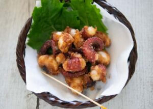 Top-down photo of Deep-fried Marinated Octopus (Octopus Karaage).