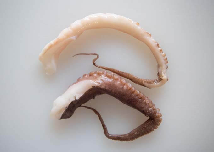 Before and after removing the skin from an octopus tentacle.