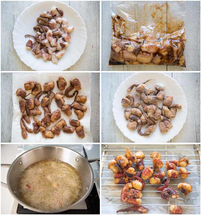Step-by-step photo of making Deep-fried Marinated Octopus (Octopus Karaage).