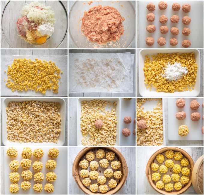 Step-by-step photo of how to make Steamed Pork Meatballs with Corn.