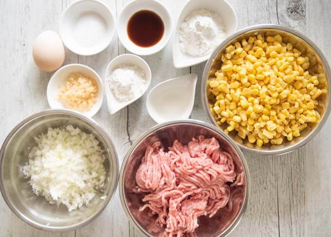 Ingredients for Steamed Pork Meatballs with Corn.