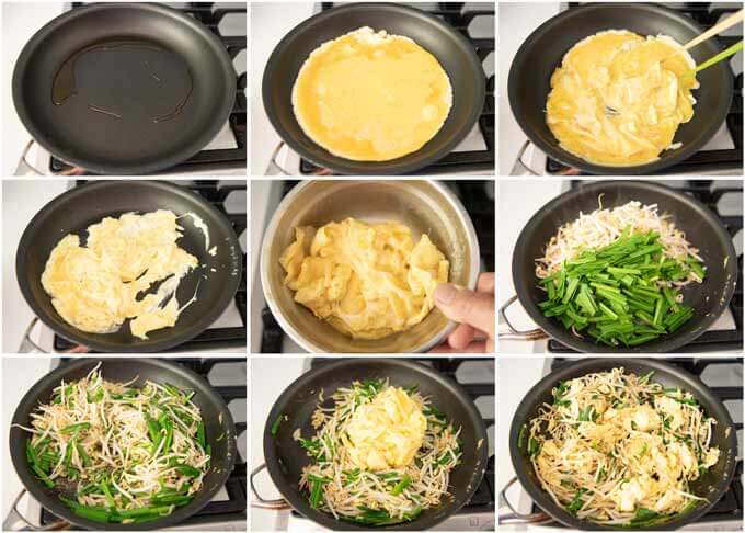 Step-by-step photo of making Garlic Chives and Egg Stir-fry with Bean Sprouts.