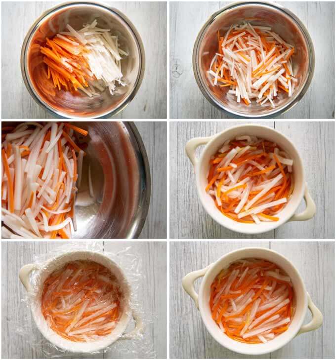 Step-by-step photo of making Pickled Carrot and Daikon (Kōhaku Namasu).