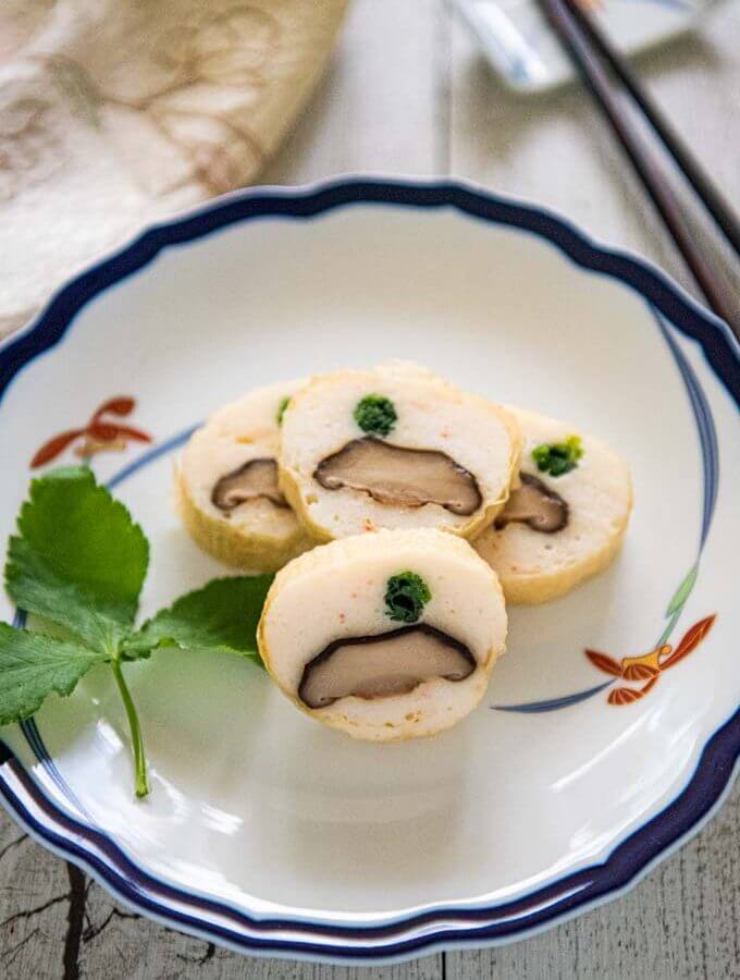 Hero shot of Steamed Fish Paste with Mushrooms Wrapped in Tofu Skin.