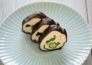 Steamed Fish Paste with Mushrooms Wrapped in konbu.