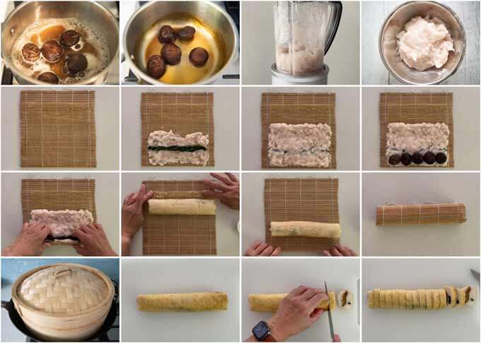 Step-by-step photo of making Steamed Fish Paste with Mushrooms Wrapped in Tofu Skin.