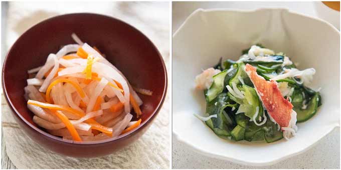 Kōhaku Namasu and Crab & Cucumber Salad in Amazu.