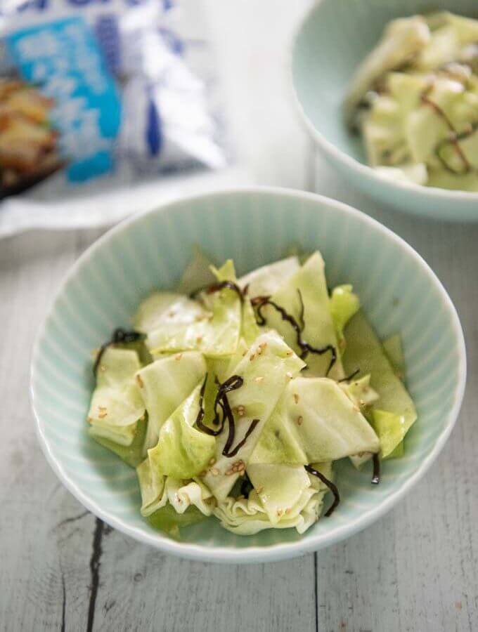 Hero shot of Cabbage Salad tossed in Shio Konbu served in a bowl.