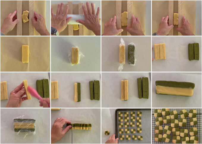 Step-by-step photo of making Matcha Cookies - checkerboard pattern.