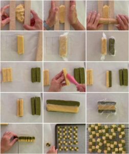 Step-by-step photo of how to make checkerboard Matcha Cookies.