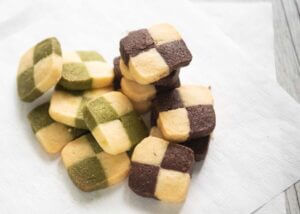 Matcha Cookies and Cocoa cookies, both in a checkerboard pattern.