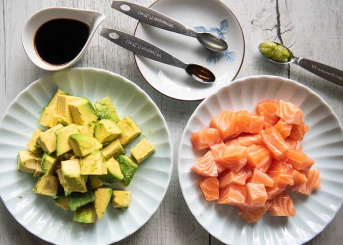 Ingredients for Salmon and Avocado in Wasabi Soy Dressing.