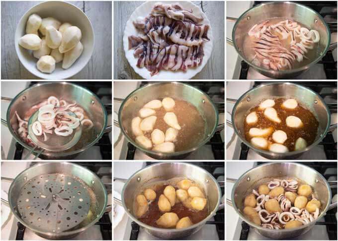 Step=-by-step-photo to make Simmered Squid and Taro.