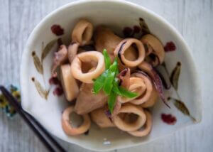 Top-down photo of Simmered Squid and Taro.