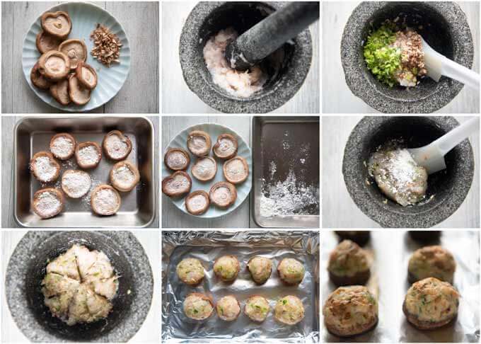 Step-by-step photo of making Shrimp Stuffed Shiitake Mushrooms.