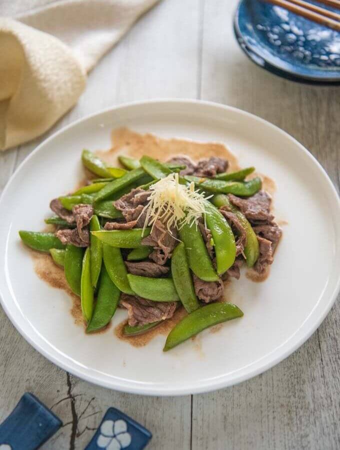 Hero shot of Beef and Sugar Snap Stir-fry on a plate.