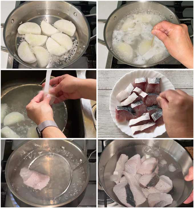 Step-by-step photo of preparing daikon and kingfish.