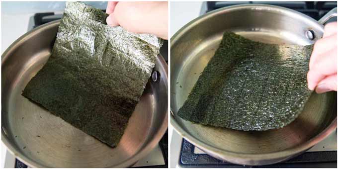 Roasting yaki nori on a hot frying pan.