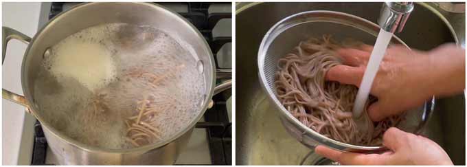Step-by-step photo of boiling and rinsing soba noodles.