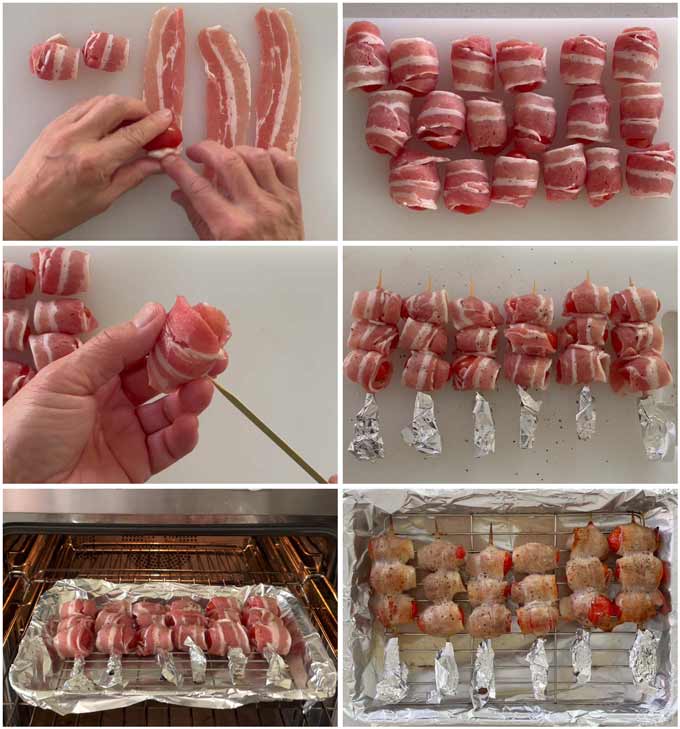 Step-by-step photo of making Grilled Mini Tomatoes Wrapped in Pork.