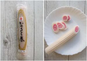 Narutomaki in a pack and sliced narutoimaki, showing the pink spiral pattern.