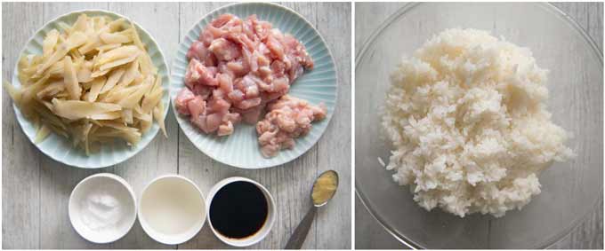 Ingredients for Mixed rice with Chicken and Burdock (Tori Meshi).