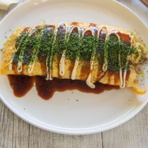 Hero shot of Pork and Cabbage Omelette (Tonpeiyaki).