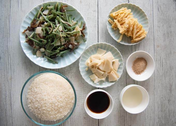 Ingredients for Rice with Mountain Vegetables (Sansai Takikomi gohan).