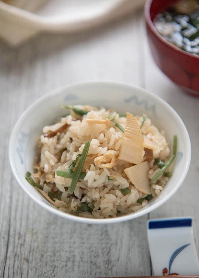 Hero shot of Rice with Mountain Vegetables (Sansai Takikomi gohan).