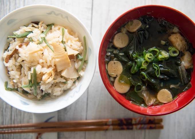 Serving Rice with Mountain Vegetables (Sansai Takikomi gohan) with a bowl of miso soup.