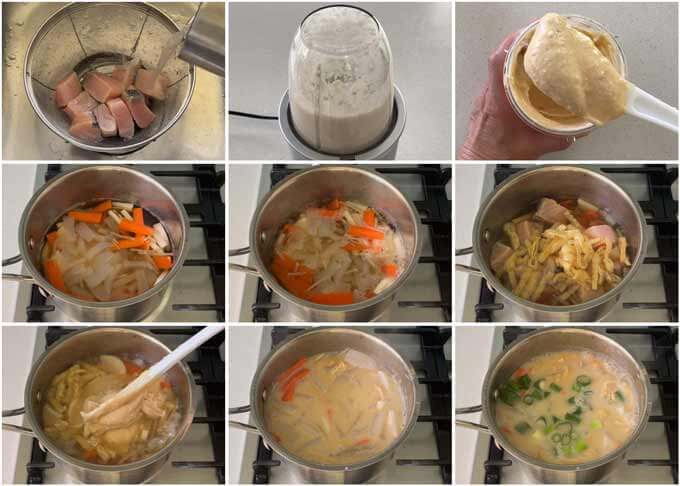Step-by-step photo of making Sake Lees Soup with Salmon (Salmon Kasujiru).