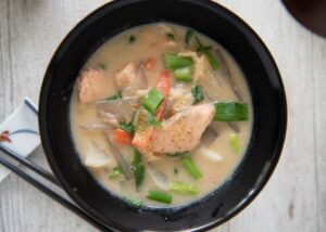 Sake Lees Soup with Salmon (Salmon Kasujiru) using salmon without skin on.