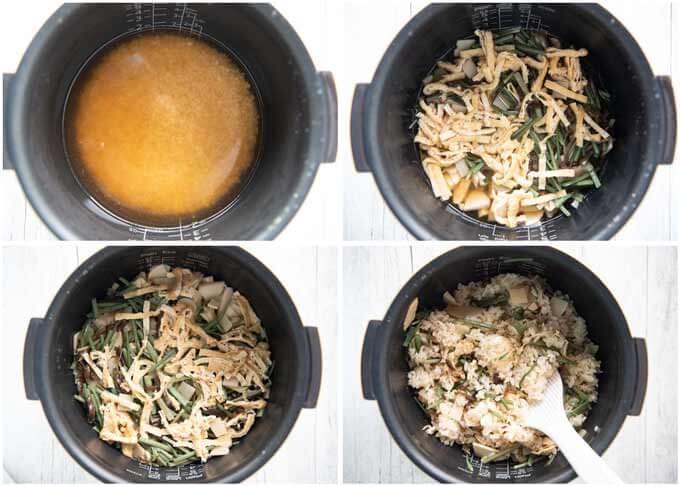 Ste-by-step photo of making Rice with Mountain Vegetables (Sansai Takikomi gohan).