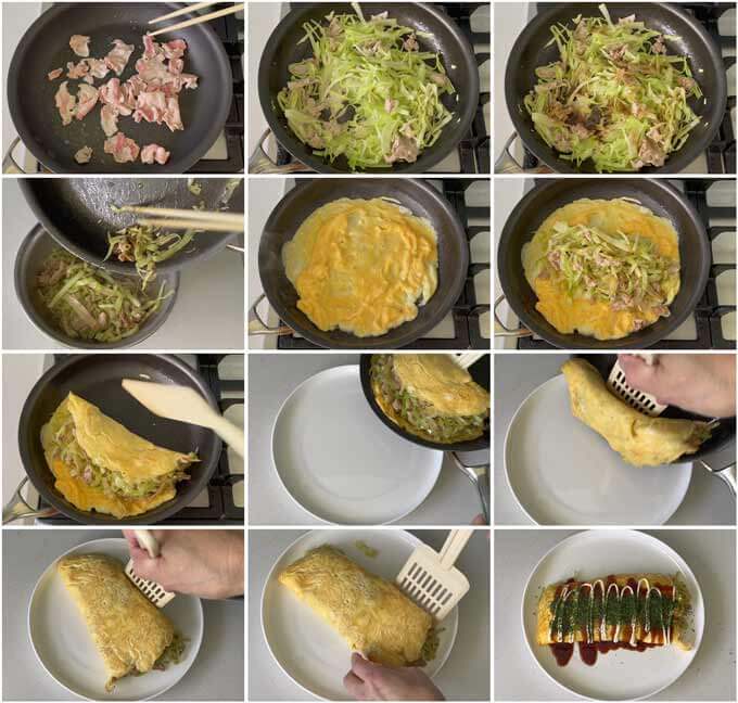 Step-by-step photo of making Pork and Cabbage Omelette (Tonpeiyaki).