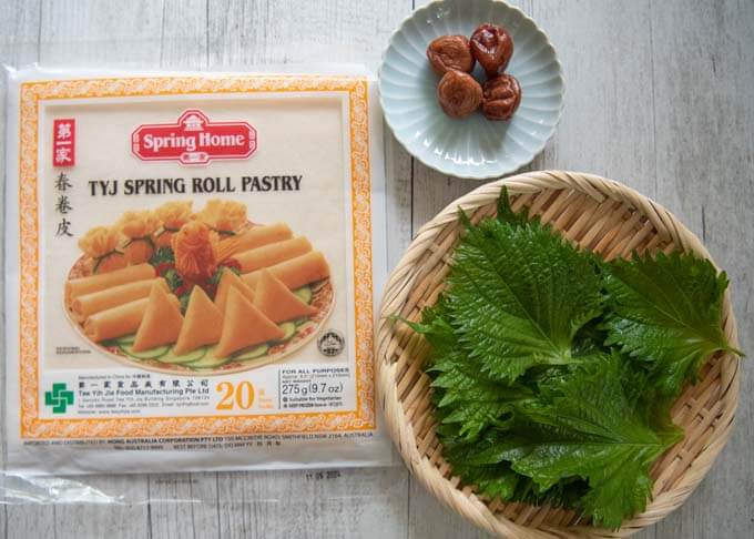 Ingredients for Perilla & Umeboshi Spring Roll Sticks.