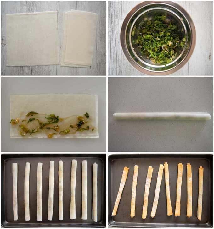 Step-by-step for making Green Onion Spring Roll Sticks.