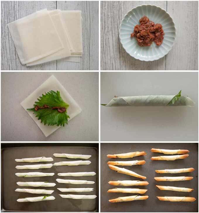 Step-by-step for making Perilla & Umeboshi Spring Roll Sticks.